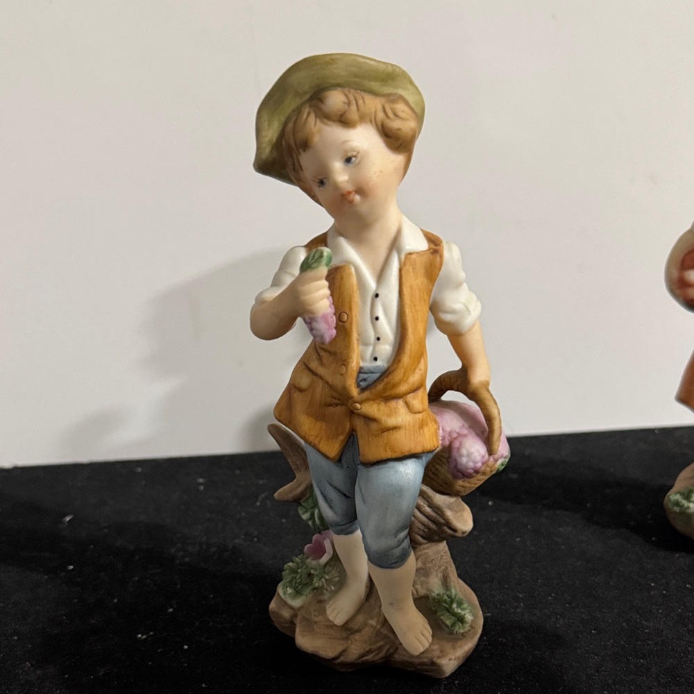 vintage hand-painted porcelain figurines of a boy and girl carrying baskets. - Picture 8 of 16